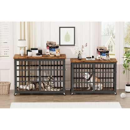 Furniture style dog crate wrought iron frame door with side openings, Rustic Brown, 43.3''W x 29.9''D x 33.5''H.